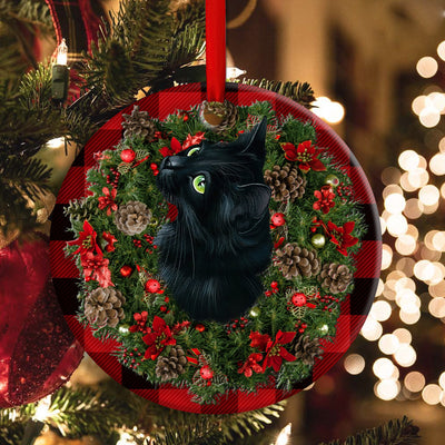 Christmas Black Cat Meowy Catmas - Circle Ornament - Owls Matrix LTD