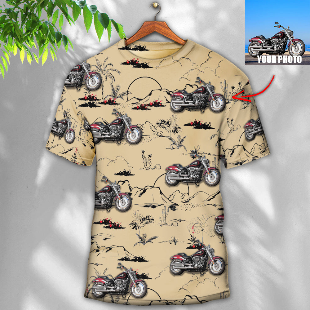 Motorcycle Desert Catus Mountain Flower Custom Photo - Round Neck T-shirt - Owls Matrix LTD