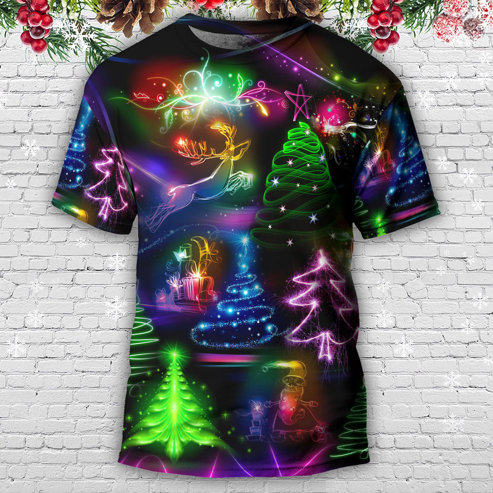 Christmas Neon Art Christmas Tree And Snowman Style - Round Neck T-shirt - Owls Matrix LTD