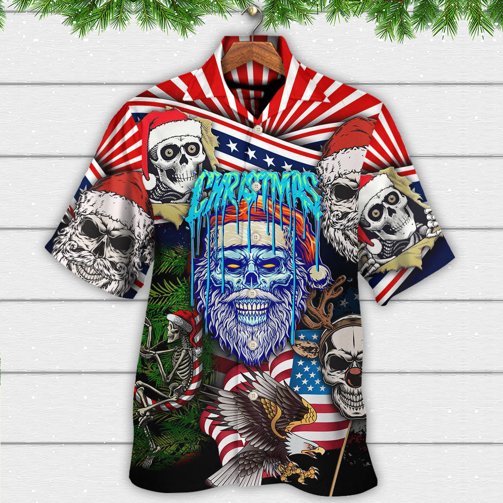 Skull Christmas US Flag Skeleton Horror Merry Christmas - Hawaiian Shirt - Owls Matrix LTD