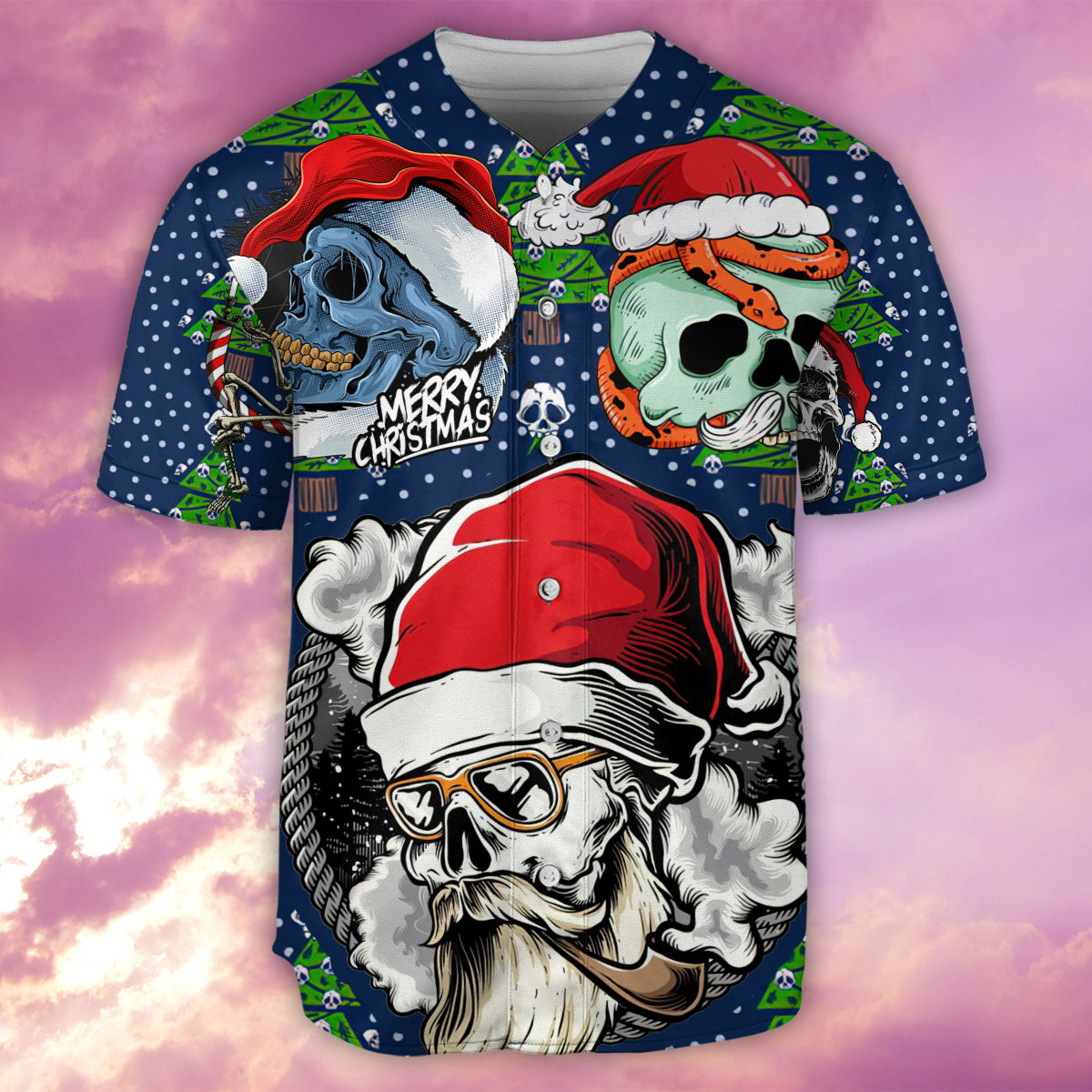 Skull With Santa Hat Merry Christmas - Baseball Jersey - Owls Matrix LTD