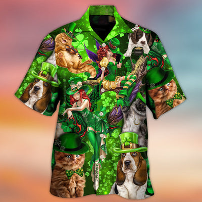Irish Cat Girl St Patrick's Day Green Light - Hawaiian Shirt - Owls Matrix LTD