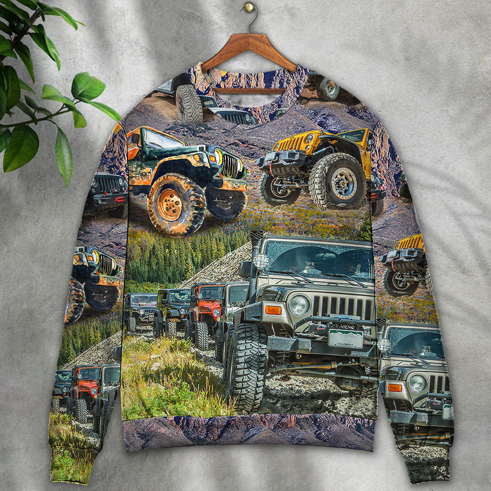 Jeep In The Mountain Sunset Vintage Art Style - Sweater - Ugly Christmas Sweaters - Owls Matrix LTD
