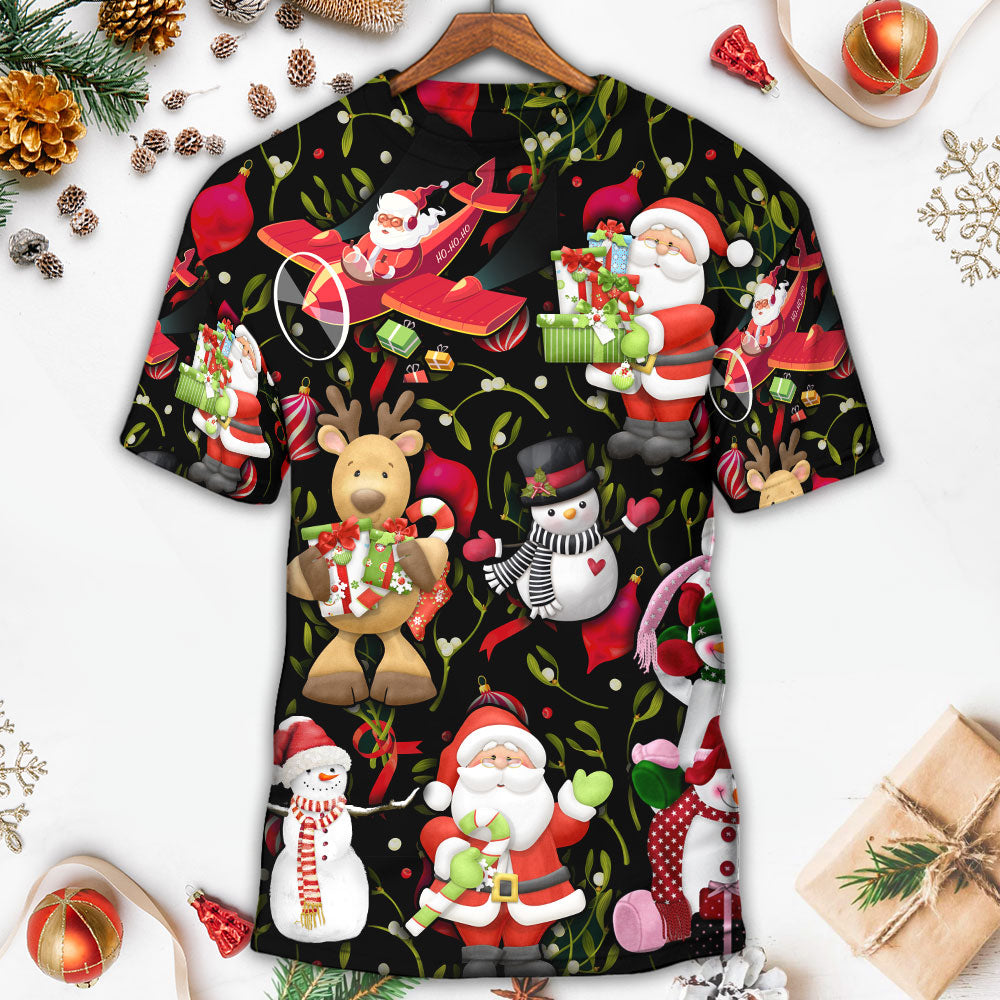 Christmas Joyful Santa Snowman Merry Xmas - Round Neck T-shirt - Owls Matrix LTD