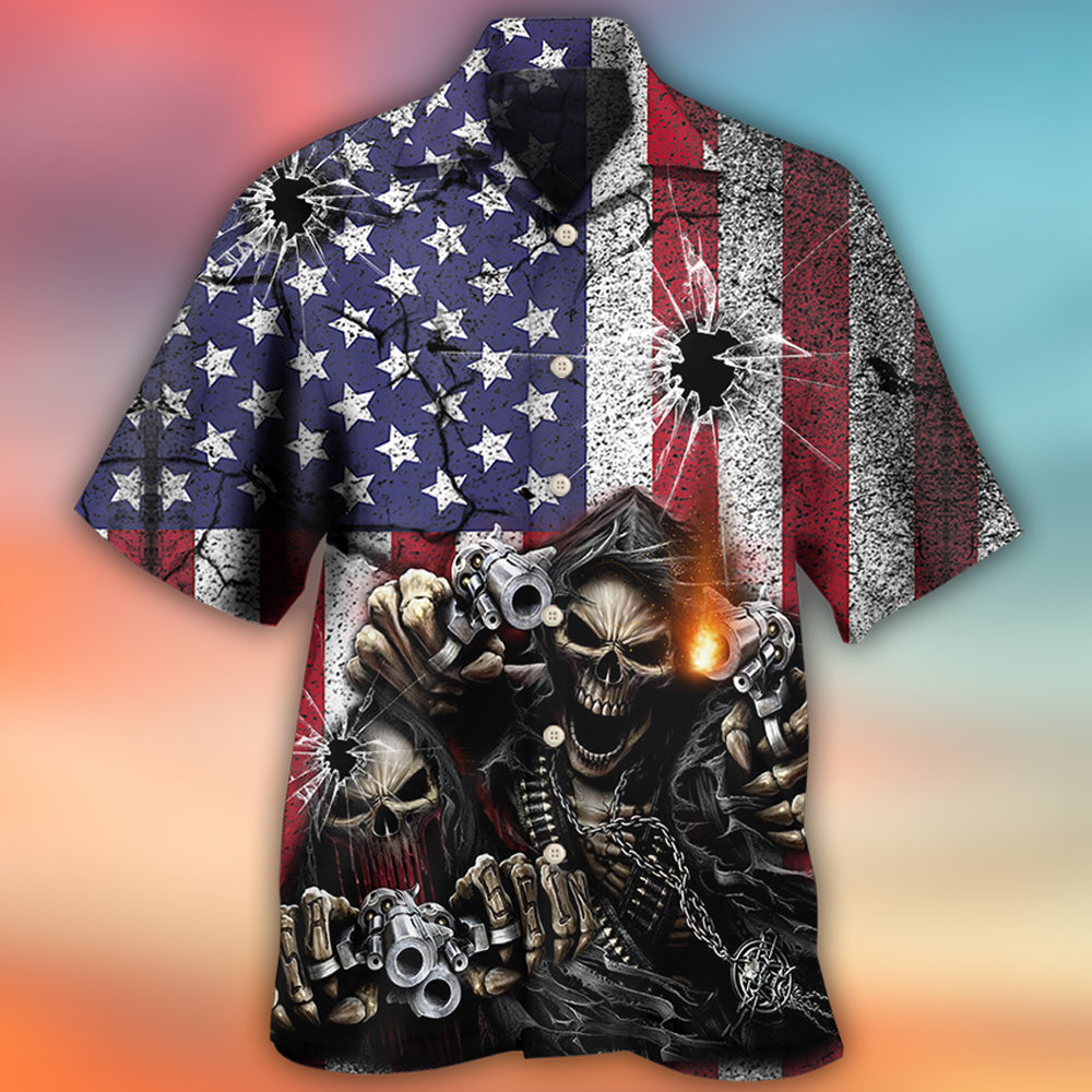Skull Shot Gun American Flag Vintage - Hawaiian Shirt - Owls Matrix LTD