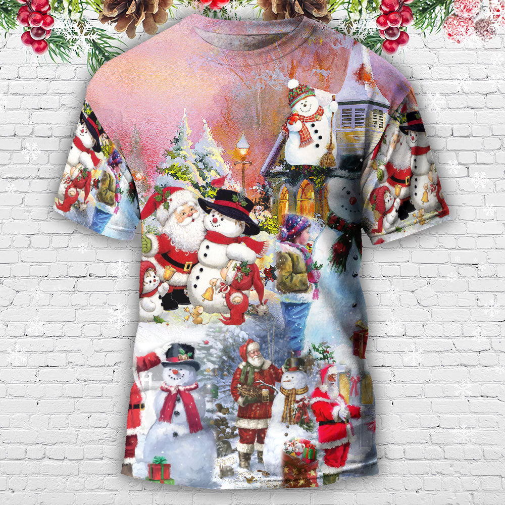 Santa And Snowman Christmas Snow Village - Round Neck T-shirt - Owls Matrix LTD