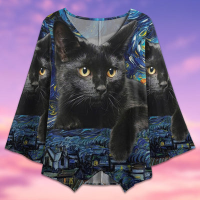 Black Cat Starry Night Art Style - V-neck T-shirt - Owls Matrix LTD
