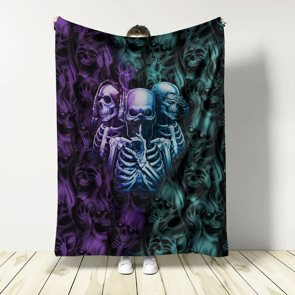 Skull Neither Hear Nor See - Flannel Blanket - Owls Matrix LTD