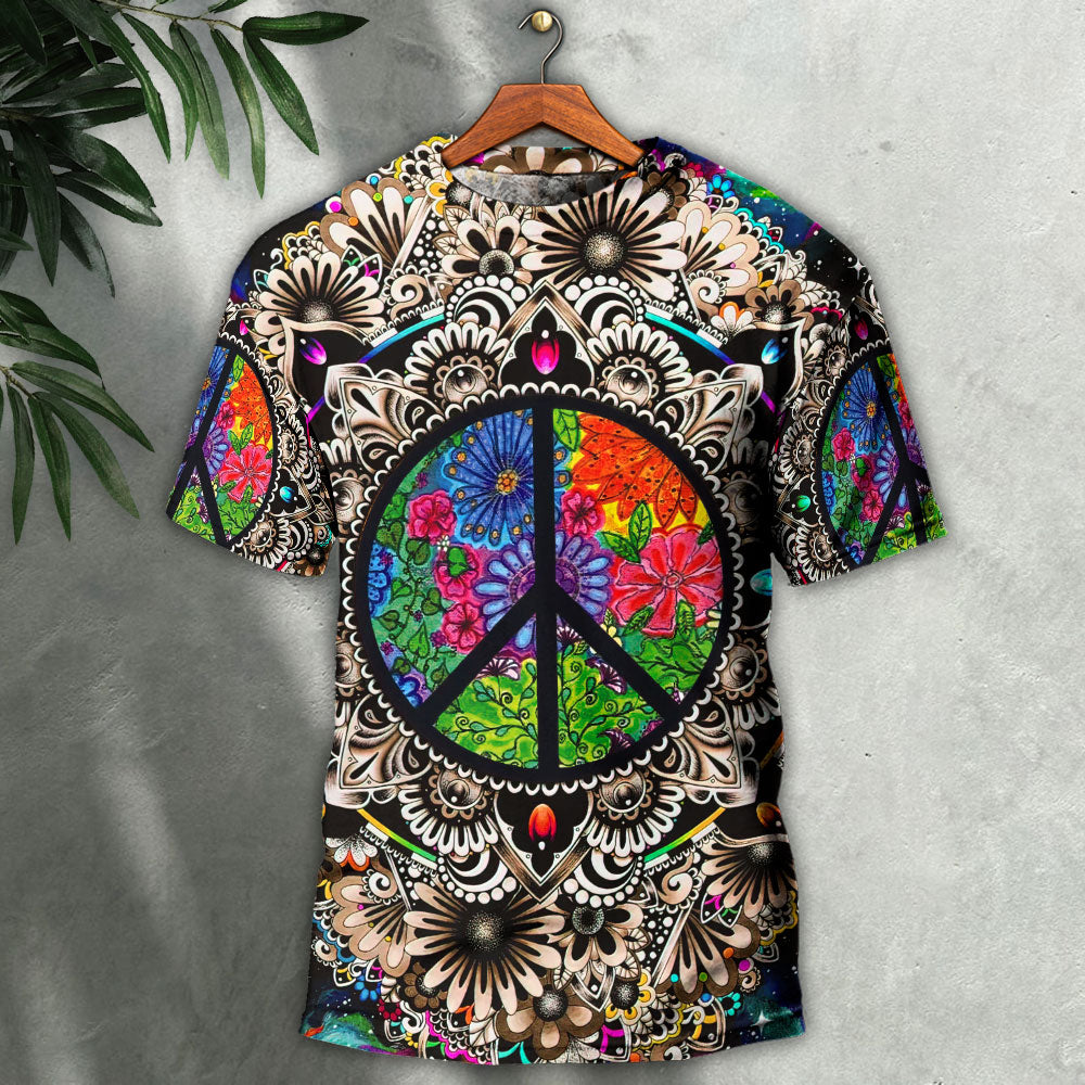 Hippie Peace Sign Galaxy - Round Neck T-shirt - Owls Matrix LTD