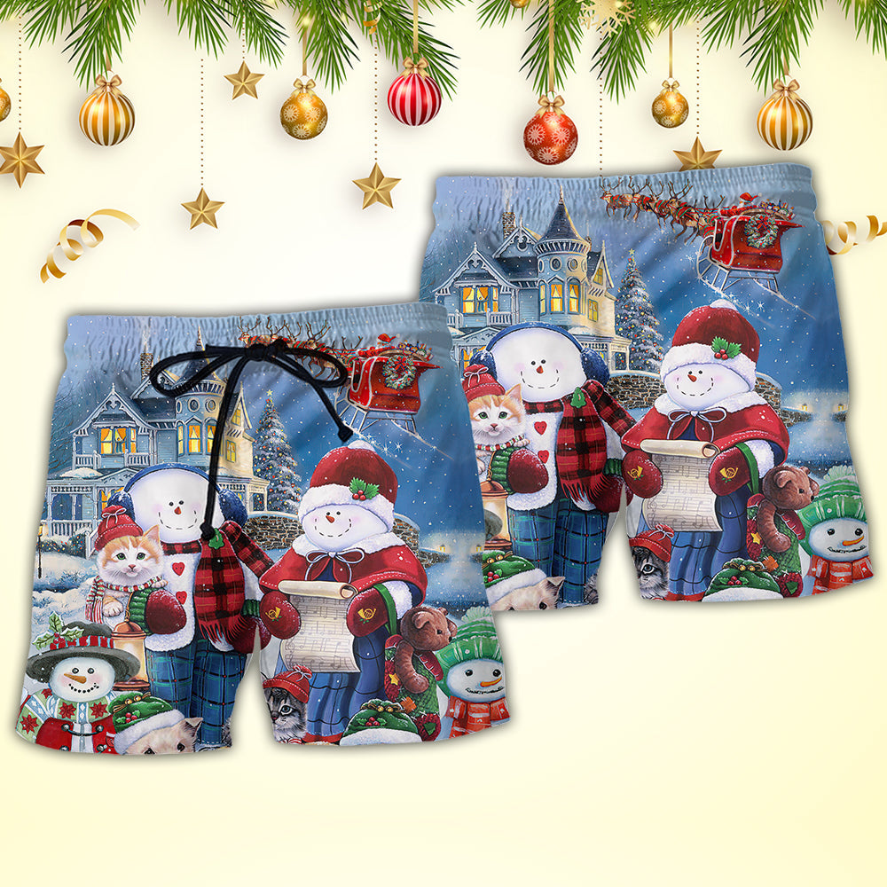 Christmas Family In Love Snowman So Happy Xmas Art Style - Beach Short - Owls Matrix LTD