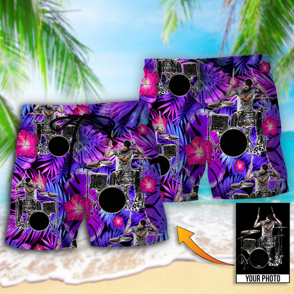 Drum Purple Tropical Custom Photo - Beach Short - Owls Matrix LTD