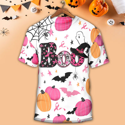 Breast Cancer Halloween Boo Cute Pumpkin Bat Spider - Round Neck T-shirt - Owls Matrix LTD