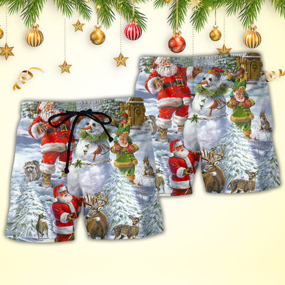 Christmas Santa Claus Snowman Elf So Happy Art Style - Beach Short - Owls Matrix LTD