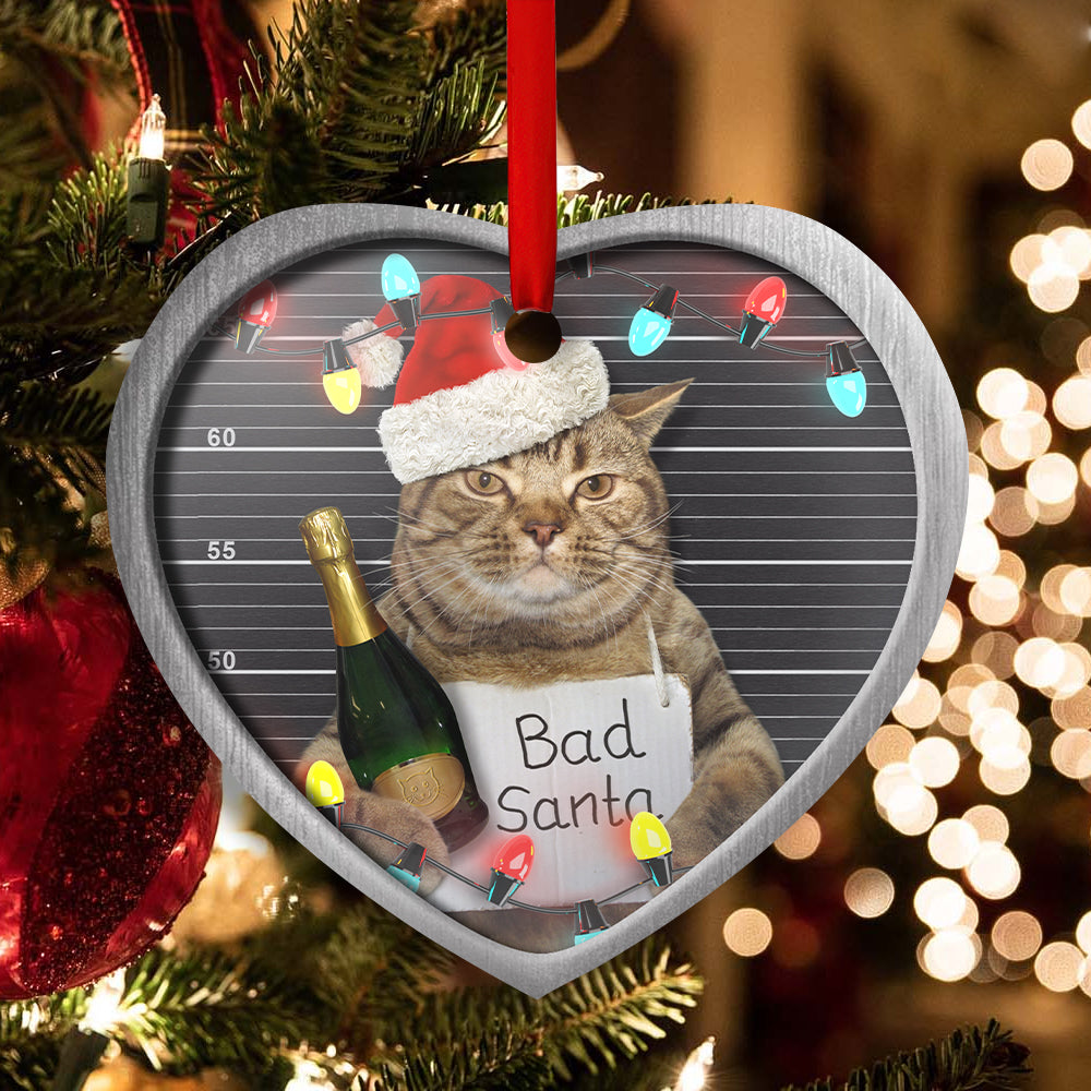 Christmas Cat Bad Santa Champagne And Santa Hat - Heart Ornament - Owls Matrix LTD