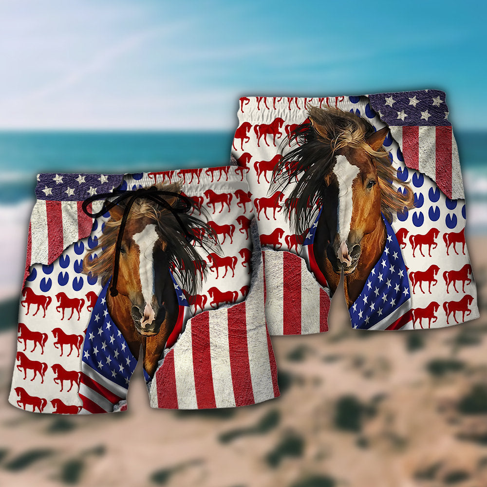 Horse Patriotic Horse American Flag - Beach Short - Owls Matrix LTD