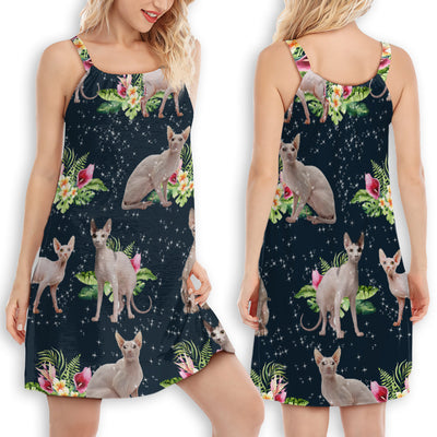 Cat Tropical Floral Sphynx Cat - Women's Sleeveless Cami Dress - Owls Matrix LTD