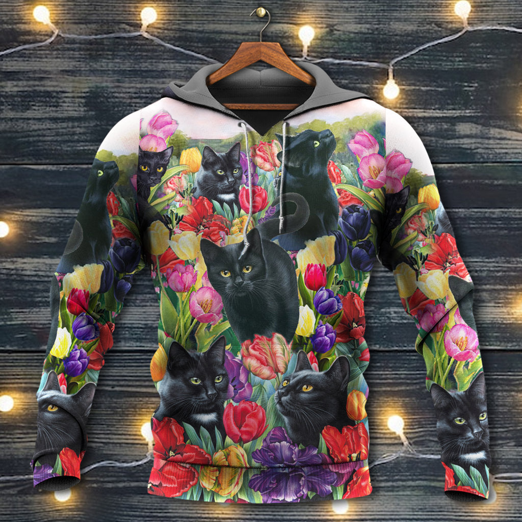 Black Cat Love Flowers Colorful - Hoodie - Owls Matrix LTD