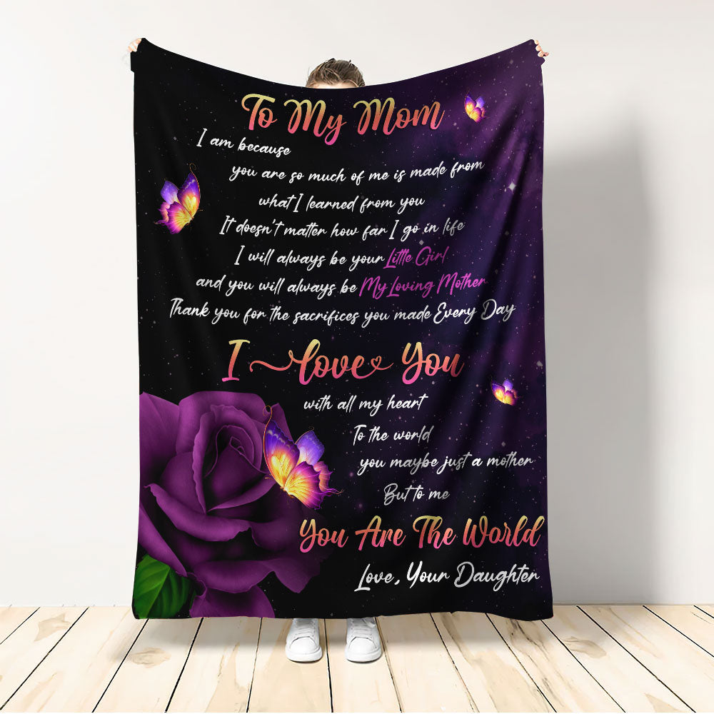 Mom I Love You Purple Rose Butterfly Galaxy Art - Flannel Blanket - Letter To My Mom Letter We Love You, Birthday Mom - Owls Matrix LTD