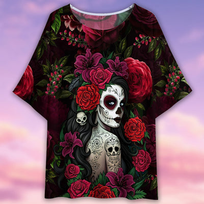 Sugar Skull Rose Woman Tattoo - Women's T-shirt With Bat Sleeve - Owls Matrix LTD