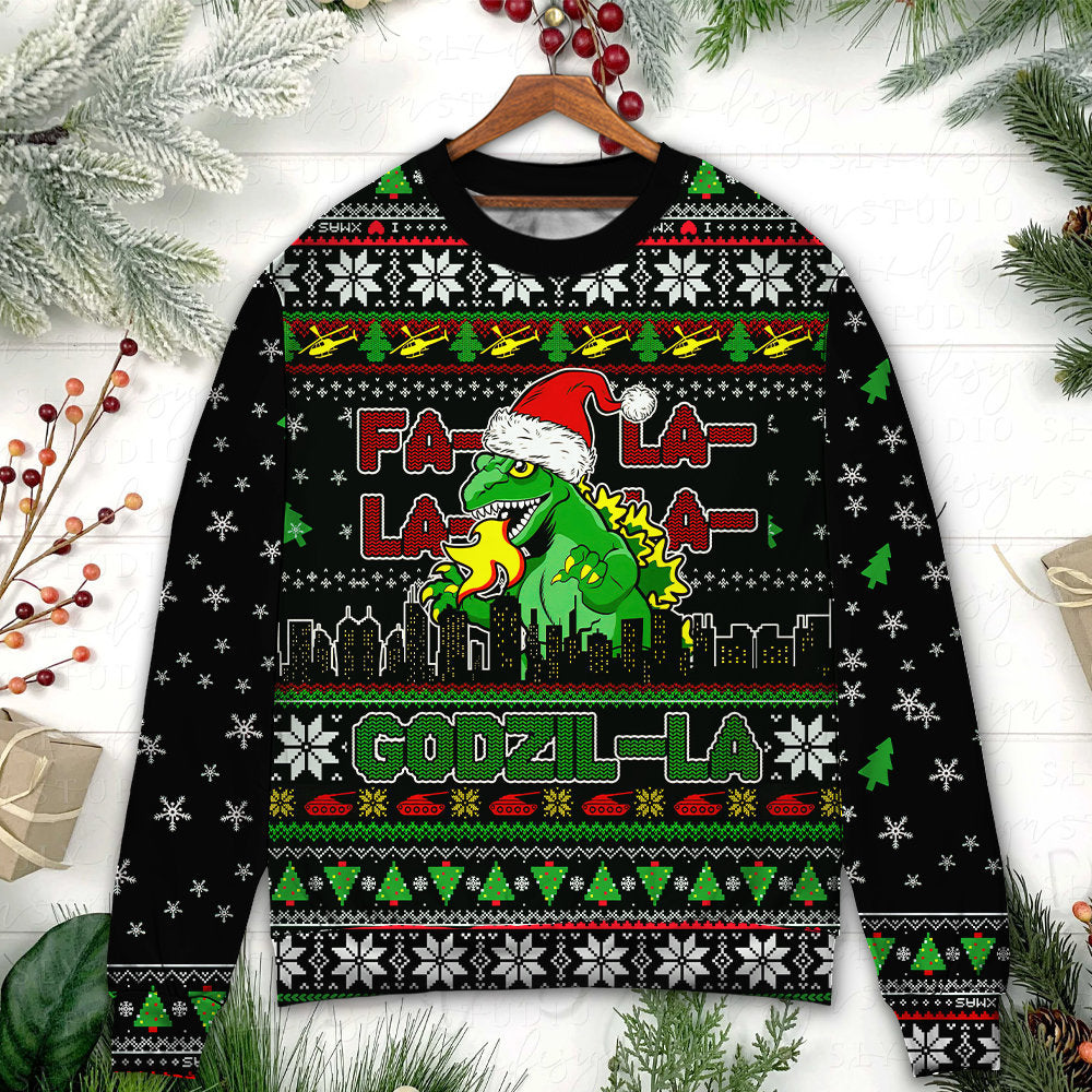 Christmas Godzila Falalalala Xmas - Sweater - Ugly Christmas Sweaters - Owls Matrix LTD