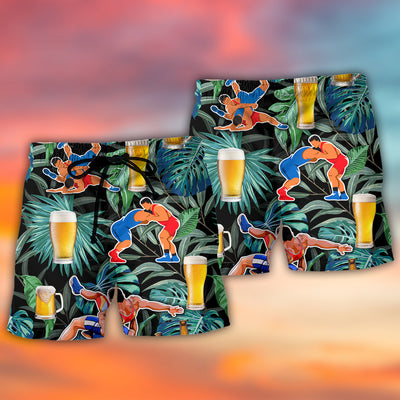 Beer And Wrestling Tropical Pattern - Beach Short - Owls Matrix LTD