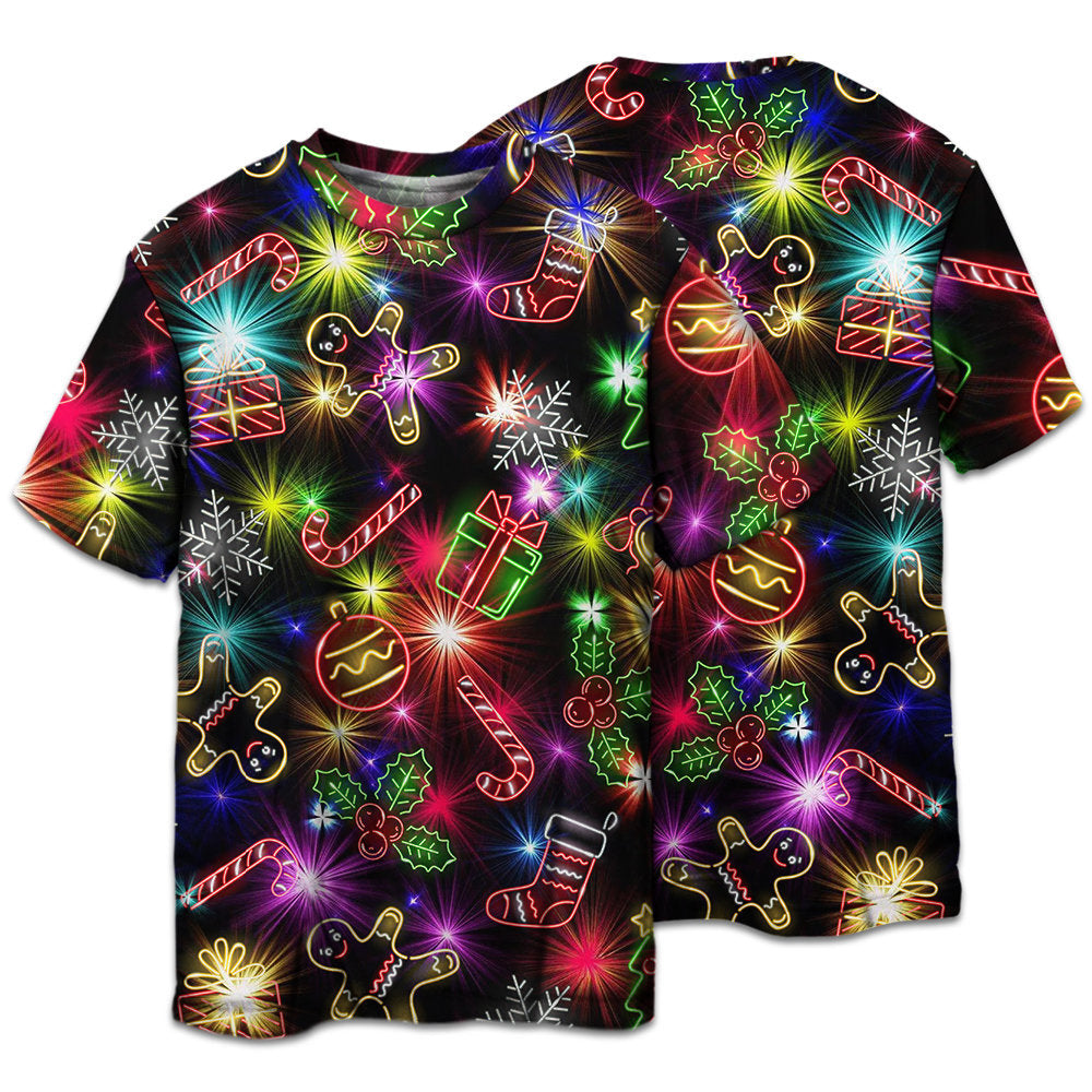 T-shirt / S Christmas With Tree And Gift Cookies Gingerbread Man Neon Style - Pajamas Short Sleeve - Owls Matrix LTD