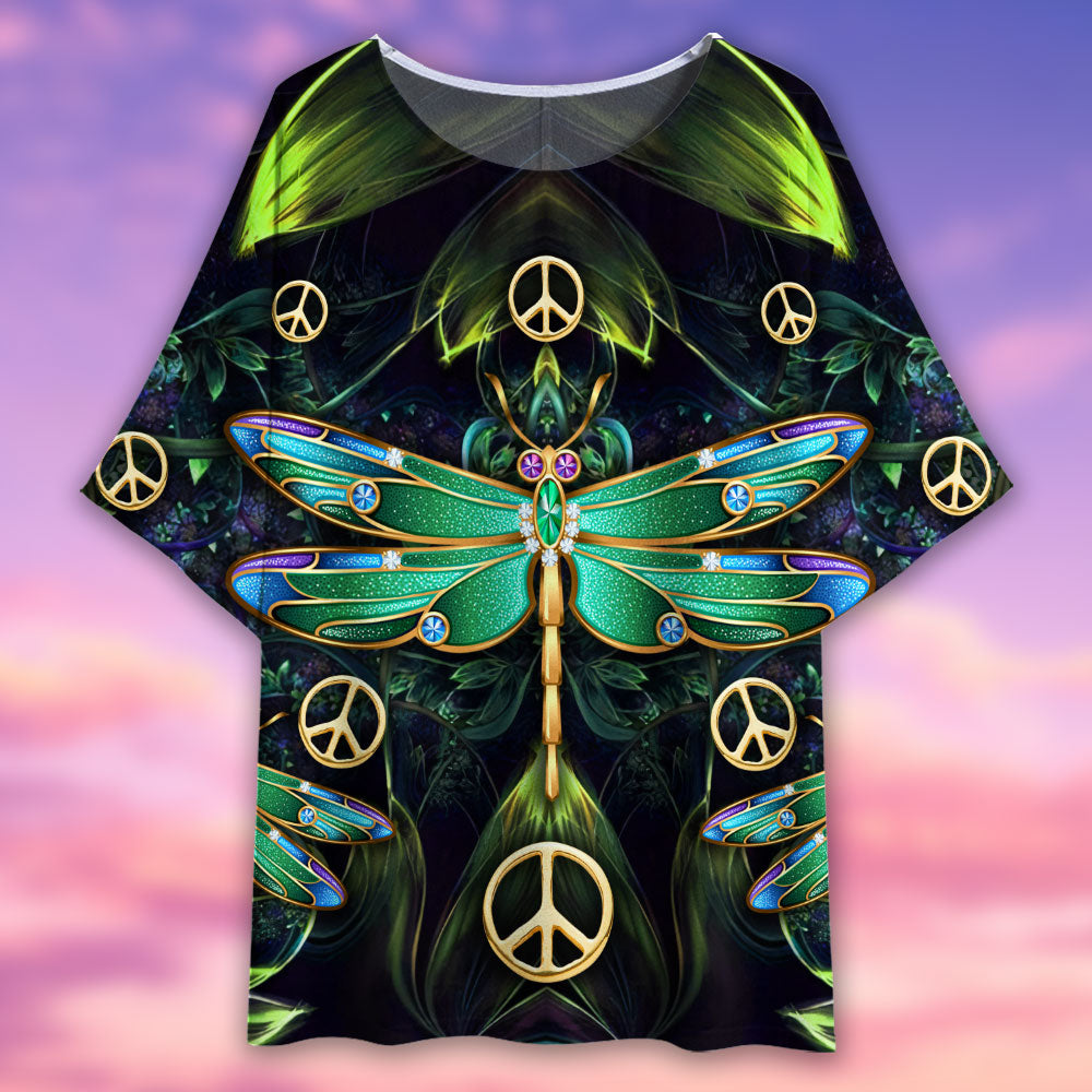 Dragonfly Peace Jewelry Art Style - Women's T-shirt With Bat Sleeve - Owls Matrix LTD