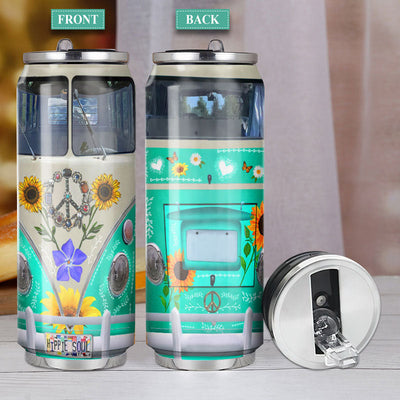 M Hippie Bus Colorful Peace Green Flowers - Soda Can Tumbler - Owls Matrix LTD