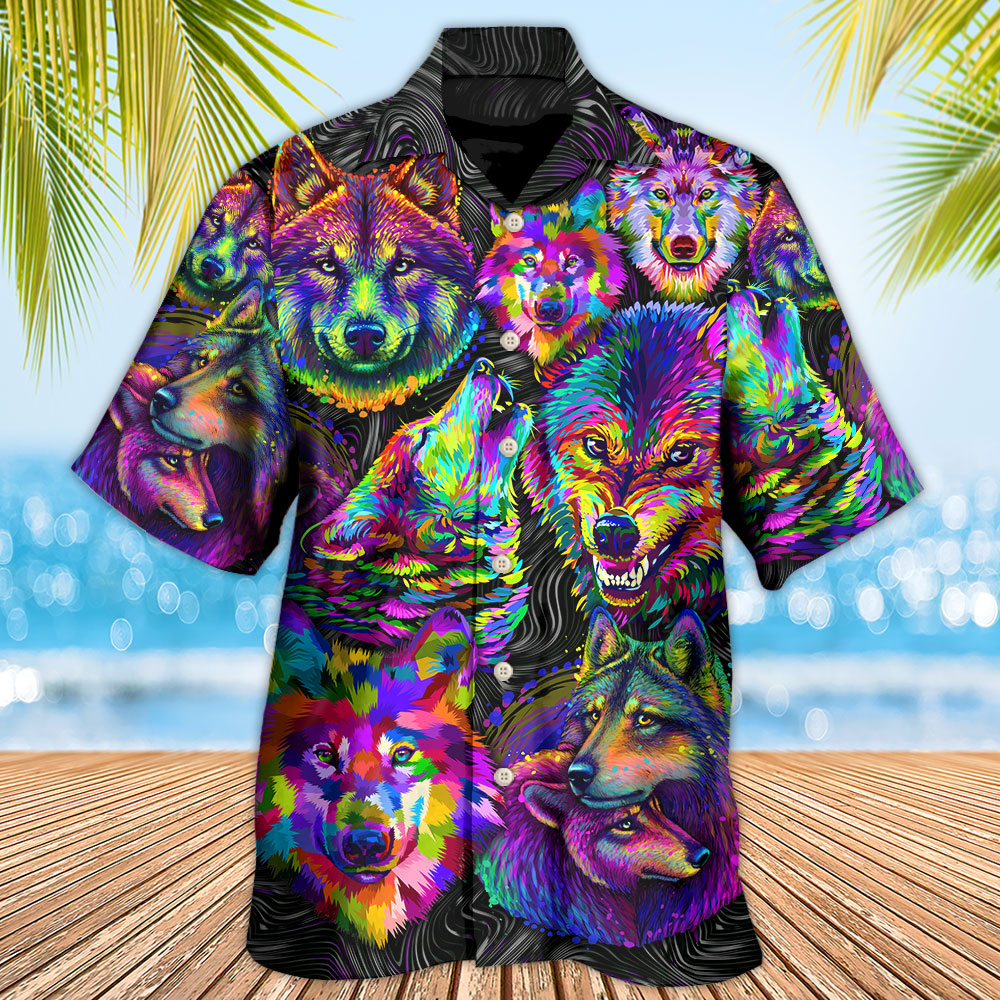 Wolf Neon Colorful Art - Hawaiian Shirt - Owls Matrix LTD