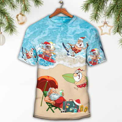 Christmas Santa Play On Beach - Round Neck T-shirt - Owls Matrix LTD