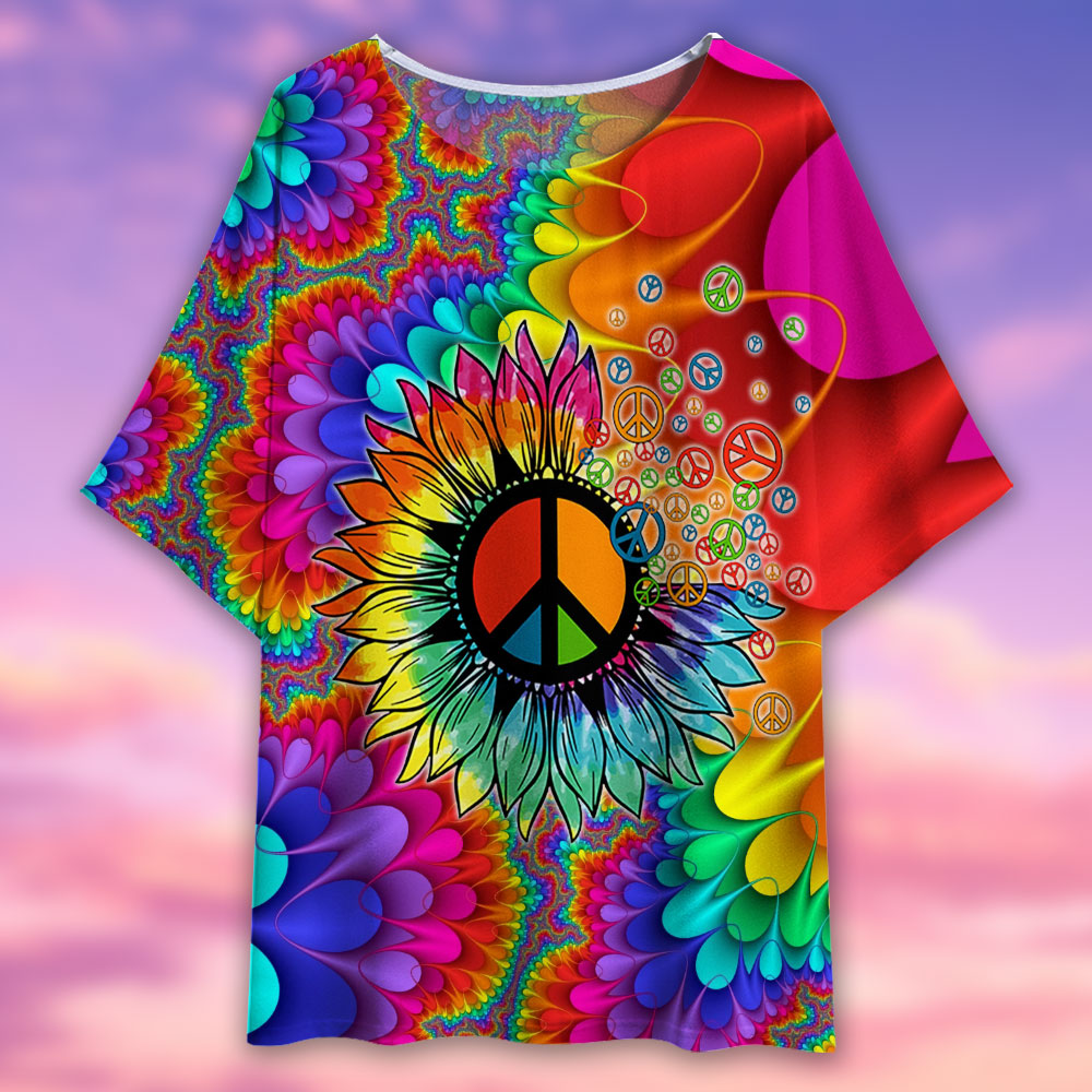 Hippie Peace Sunflower Art - Women's T-shirt With Bat Sleeve - Owls Matrix LTD