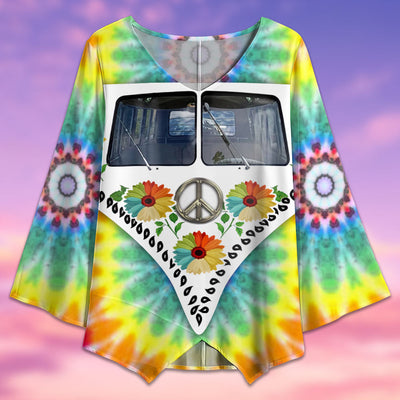 Hippie Tie Dye Bus With Sunflowers - V-neck T-shirt - Owls Matrix LTD
