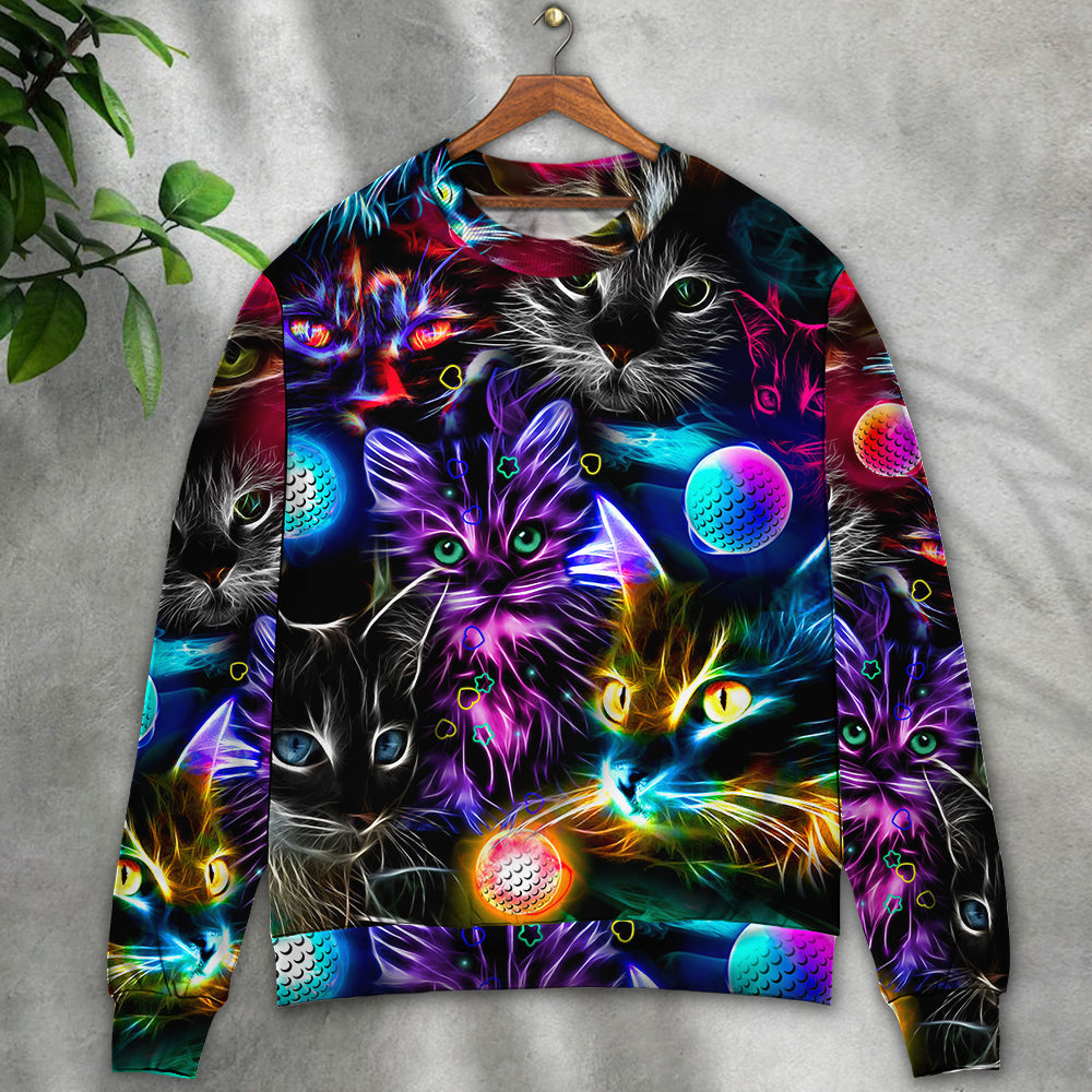 Cat Play Golf Neon Lightning Colorful Style - Sweater - Ugly Christmas Sweaters - Owls Matrix LTD