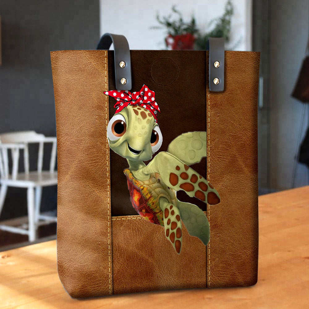 Turtle Cute Funny In My Bag - Leather Hand Bag - Owls Matrix LTD