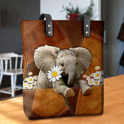 Elephant Cute With Beautiful Daisy Flower - Leather Hand Bag - Owls Matrix LTD