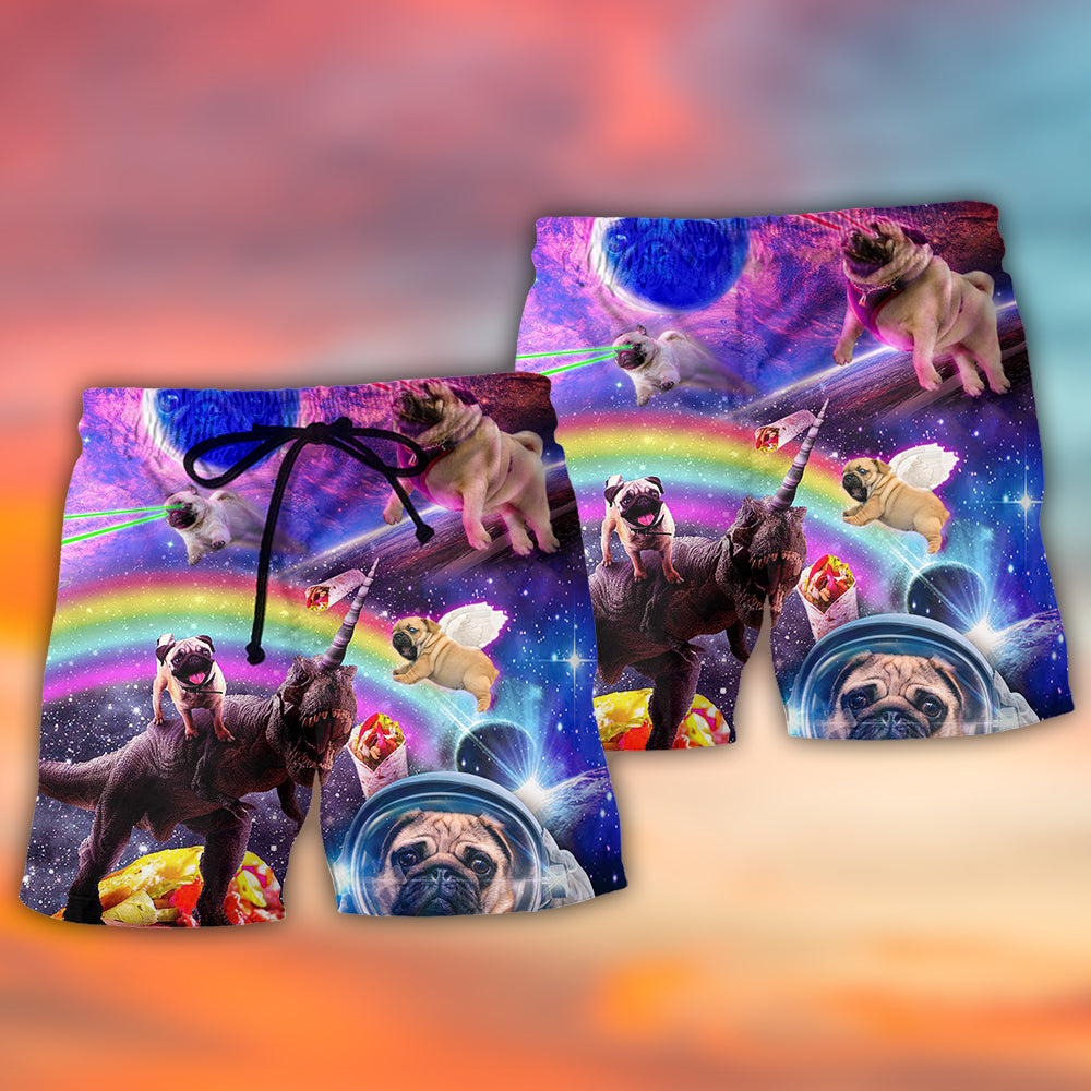 Pug Dog Galaxy Rainbow Star T-Rex Style - Beach Short - Owls Matrix LTD