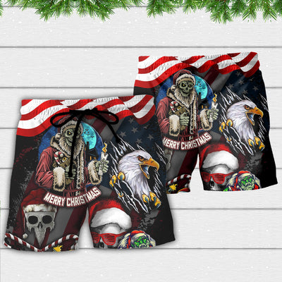 Skull Christmas US Flag Skeleton And Eagle Xmas Vibe - Beach Short - Owls Matrix LTD