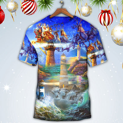 Lighthouse Christmas Santa Shine Like A Lighthouse - Round Neck T-shirt - Owls Matrix LTD