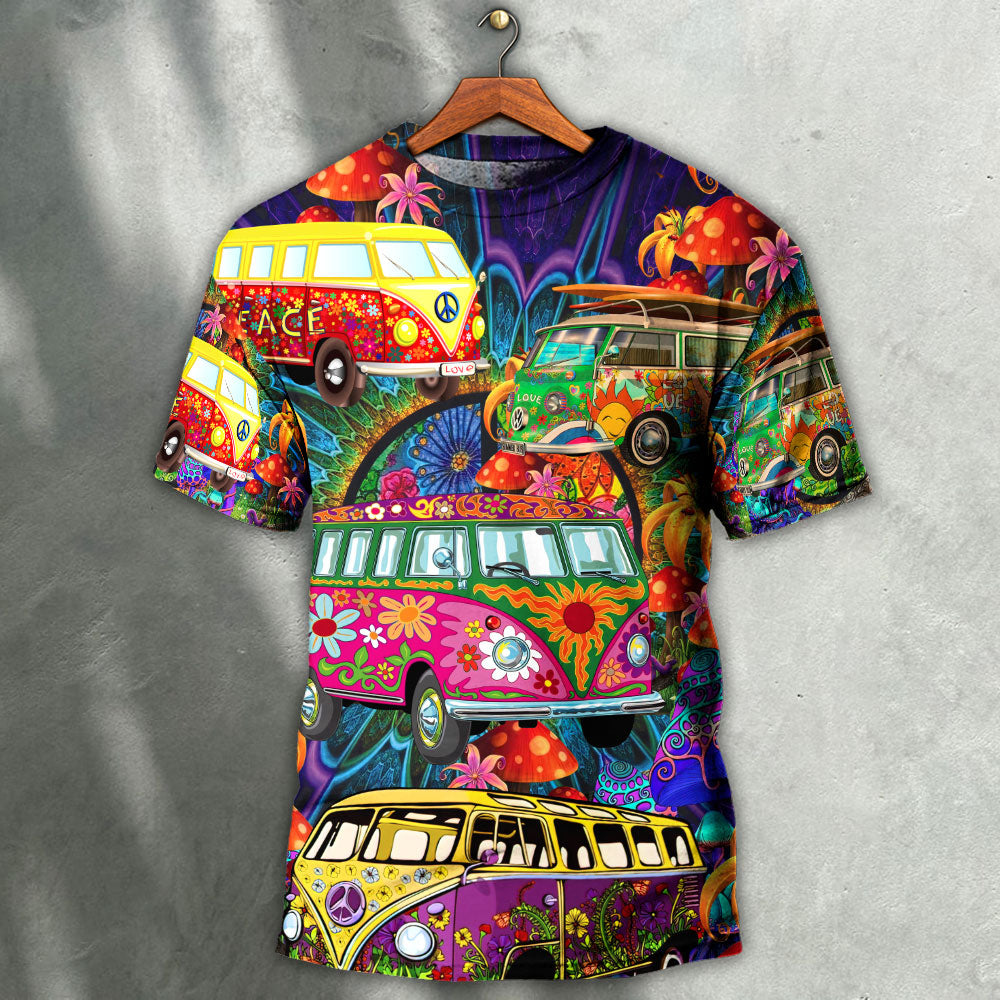 Hippie Van Colorful Vans On The Way - Round Neck T-shirt - Owls Matrix LTD