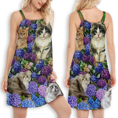 Cat Lovely And Purple Flowers - Women's Sleeveless Cami Dress - Owls Matrix LTD