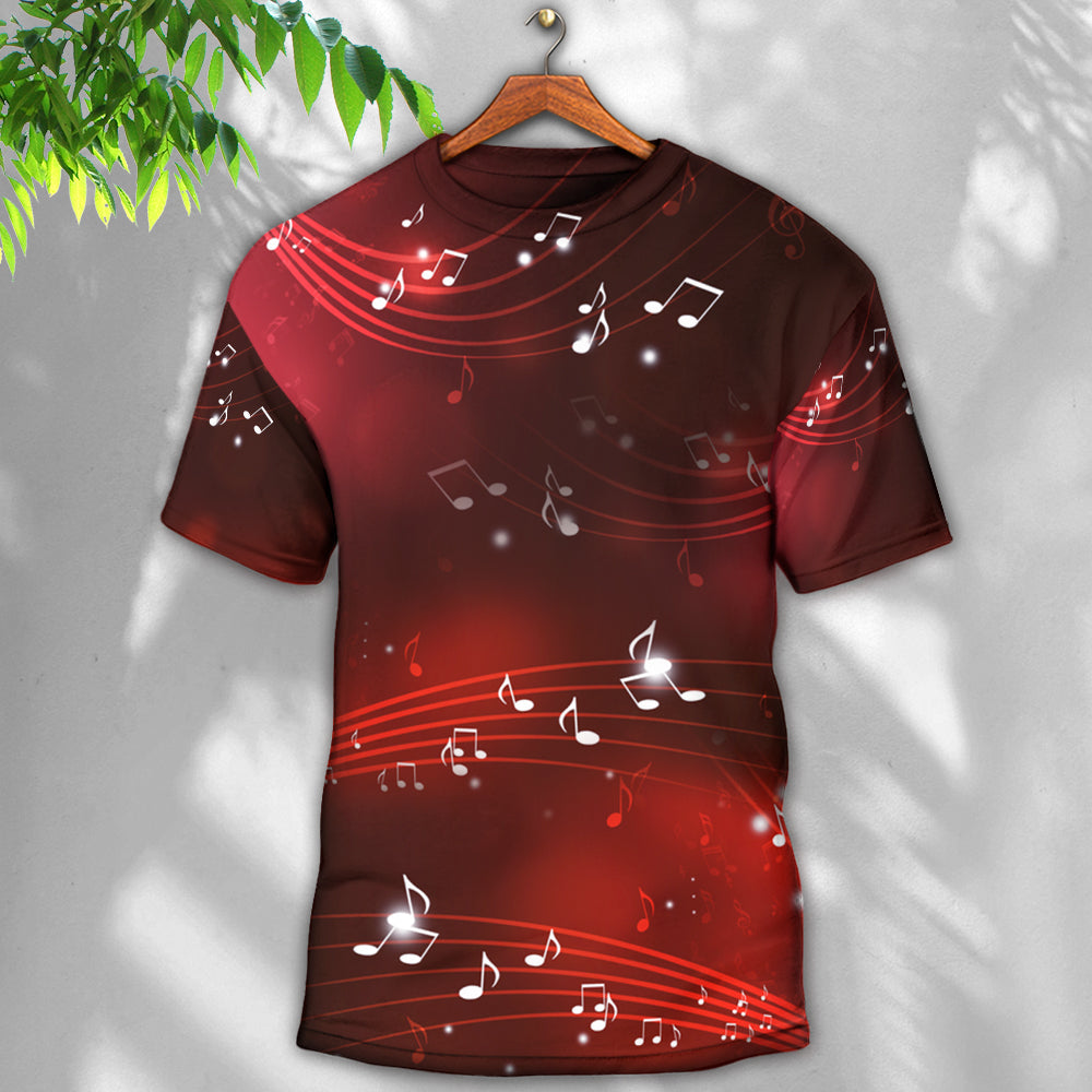 Music Musical Notes And Blurry Lights On Dark Red - Round Neck T-shirt - Owls Matrix LTD