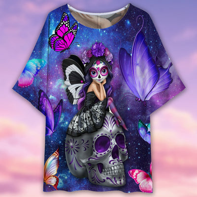 Sugar Skull Butterfly Lighting Style - Women's T-shirt With Bat Sleeve - Owls Matrix LTD