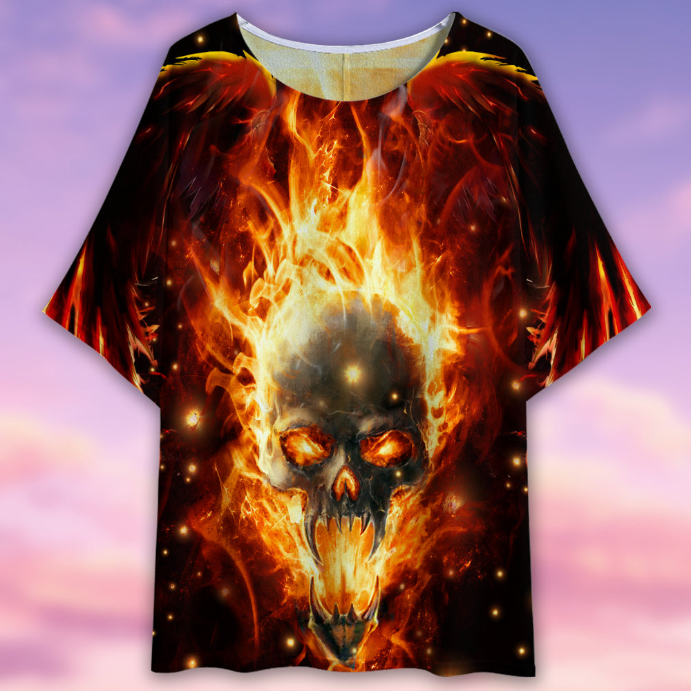 Skull Devil Fire Screaming - Women's T-shirt With Bat Sleeve - Owls Matrix LTD