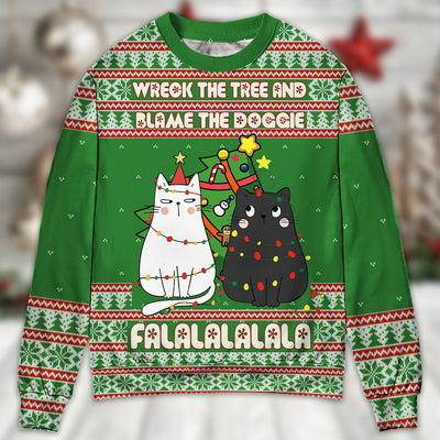 Cat Wreck The Tree Meowy Christmas - Sweater - Ugly Christmas Sweaters - Owls Matrix LTD