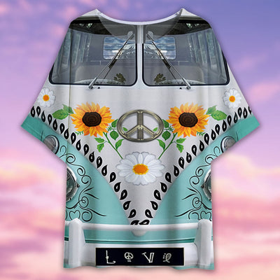 Hippie Van With Daisy And Sunflower - Women's T-shirt With Bat Sleeve - Owls Matrix LTD