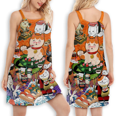 Cat Keep Calm And Eat Sushi - Women's Sleeveless Cami Dress - Owls Matrix LTD