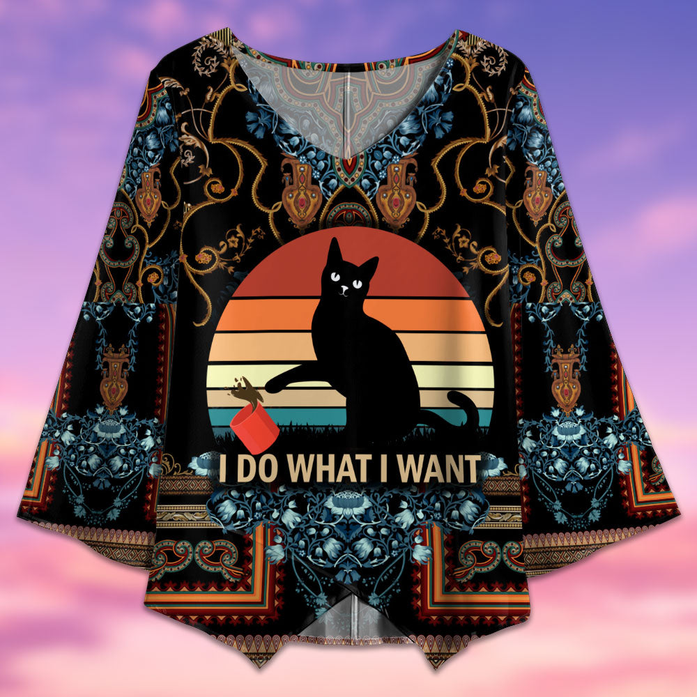 Black Cat I Do What I Want - V-neck T-shirt - Owls Matrix LTD