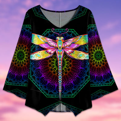 Dragonfly Colorful Mandala Art - V-neck T-shirt - Owls Matrix LTD