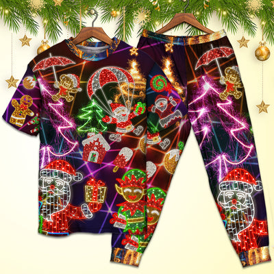 Christmas Funny Santa Claus Tree Elf Gingerbread Neon Light Style - Pajamas Short Sleeve - Owls Matrix LTD