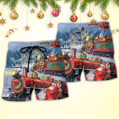 Christmas Santa Claus Train Gift For Xmas Painting Style - Beach Short - Owls Matrix LTD